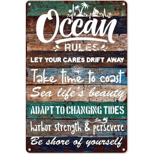 Vintage Ocean Rules Sayings Metal Tin Sign for Home Wall Decor Gifts - Retro Farmhouse Signs Beach Decor Gift for