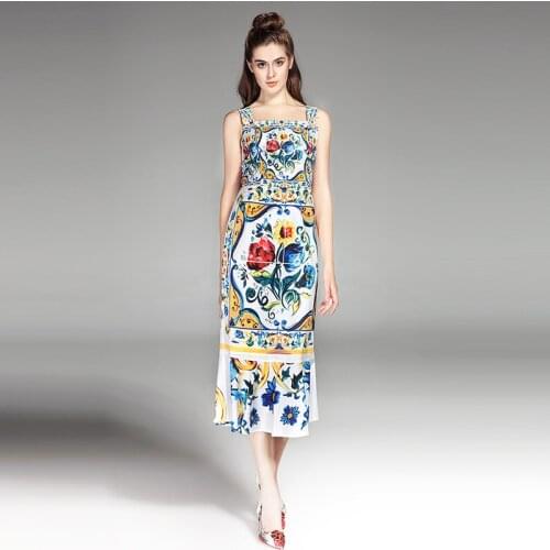 High Quality New Designer Fashion Spaghetti Strap Dress Spring Summer Women Flower Amazing High Waist Sleeveless Ladies Dresses