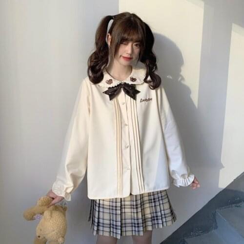 Japanese Cute Embroidered Teen Girls JK Long Sleeve Blouse Autumn Casual Lovely Baby Collar Cotton Women Shirt Kawaii Clothes