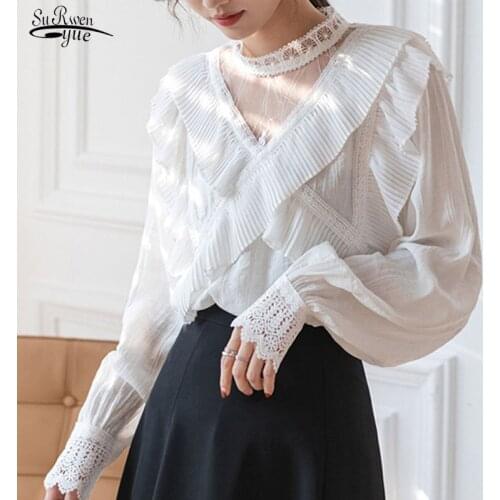 Gentle Long Sleeve Stand Collar Women Shirt Spring Elegant Mesh Stitching Ruffle Blouse with Lace Hollow Flower Top Blusas 16801