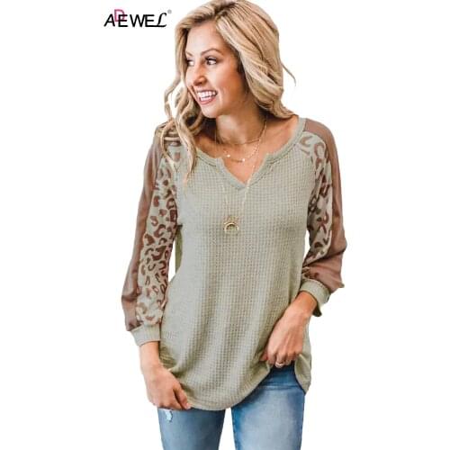 Women Blouse Mocha Leopard Print Waffle Knit Long Sleeve Top Vetement Femme 2021 Camisas Shirts De Mujer Blusas Feminina Verao