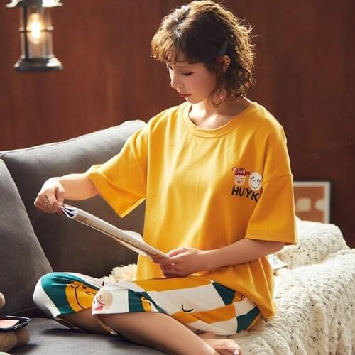 Summer Cotton Comfortable Casual Short Sleeve Women Pajamas Set Ladies O-Neck Cartoon Nightwear Yellow Womens T-shirt Sleepwear