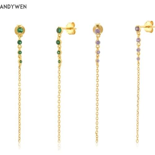 ANDYWEN 925 Sterling Silver Rainbow Pendiente largo Fucsia Plata Drop Earring Piercing Pendiente Women Wedding Jewelry Gift