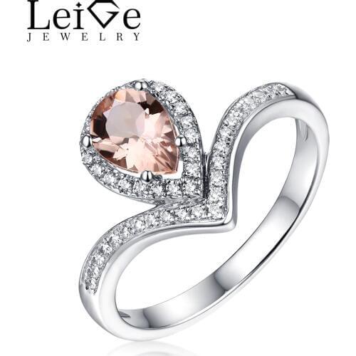 Leige Jewelry Morganite Ring Pink Gemstone pear Cut 925 Sterling Silver for Girl Wedding Promise Rings for Her Fine Jewelry