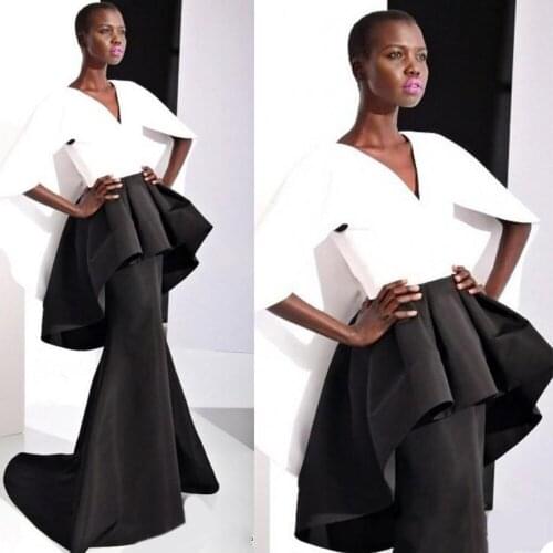 Designed Evening Dresses V Neck Floor Length Prom Gowns Custom Made Patchwork Black White Celebrity Red Carpet Formal Dress