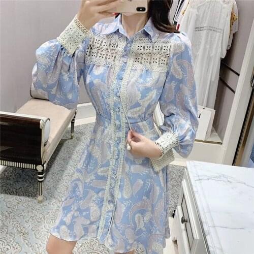 VERHELLEN High Quality Runway Vintage Shirt Dress 2020 Spring Womens Lantern Sleeve Retro Print Casual Lace Dress Female Korean