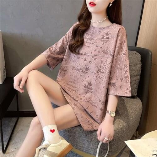 #0204 Pink Purple Orange Short Sleeves T Shirt Women Summer Korean Style Print Harajuku Streetwear T-shirt Women Tops Clothes