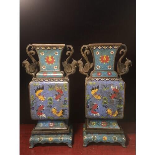 24" Tibet Buddhism Old Bronze Cloisonne Phoenix bird statue vase A pair Ornaments Goldfish pattern vase Flower arrangement