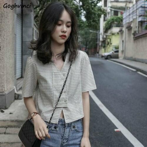 Blouses Women Shirts V-neck Plaid Summer Buttons Sweet Crop Top All-match Slim Vintage Ulzzang Stylish Elegant Womens Leisure