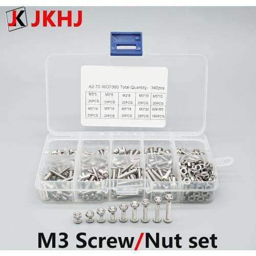 3D Printer Parts M3 Screw nut set Stainless steel hexagon socket head screw with nut 340pcs