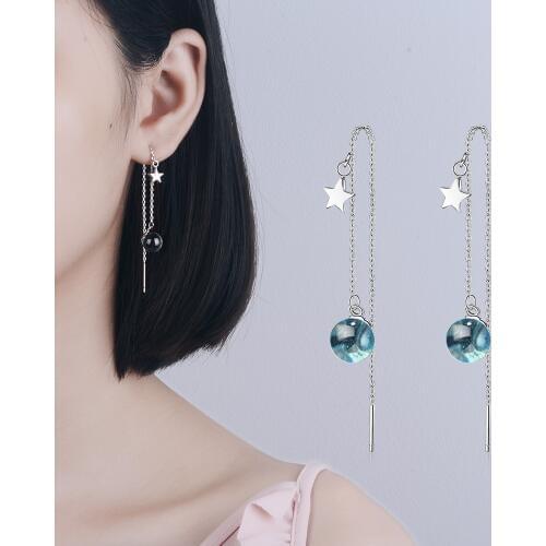 925 Sterling Silver Blue Planet Long Earrings For Women Girl Artificial Crystal Ball Star Tassel Earrings S-E667