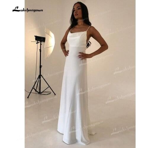 Elegant Sheath Soft Satin Wedding Dresses Square Collar Neck Sexy Open Back Spaghetti Straps Sleeveless Sweep Train Bride Gown