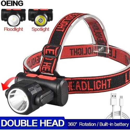 Double Head Rotate Headlamp Floodlight Spotlight Flip Headlight Flashlight USB Rechargeable Camping Light Built-in Battery Torch
