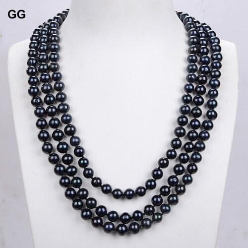 GuaiGuai Jewelry Natural Pearl Classic 19" 3 Strands 9mm Black Round Pearl CZ Clasp Necklace For Women