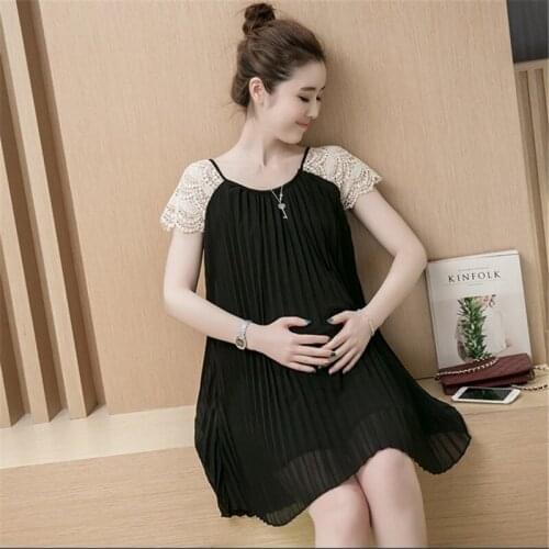 2021 Summer Korean Fashion Big Size Stitching Short-Sleeved Pleated Chiffon Lace Mid-Length Maternity Dress Maternity Wear