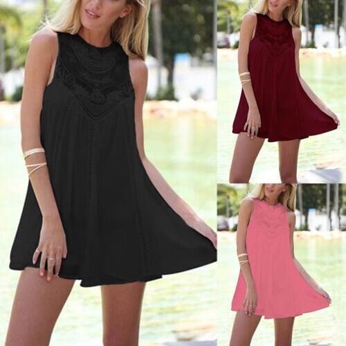 Patchwork Lace Mesh Dress Embroidery Back Keyhole Hollow Out Dress Sukienka Beach Summer Women Sleeveless Round Neck Mini Dress