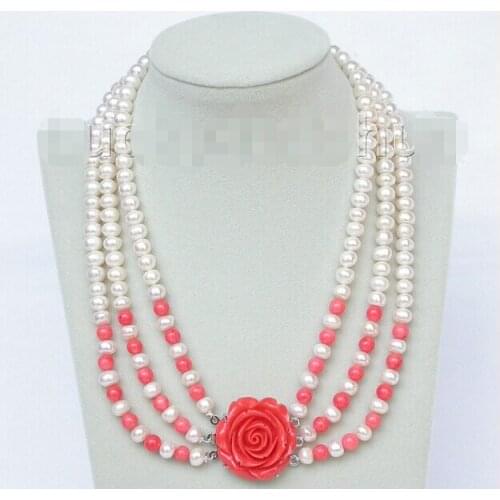 Lovely Fine 17"-20" 8mm 3row round white freshwater pearls pink coral necklace inch Nobility Womans jewelry Girl gift