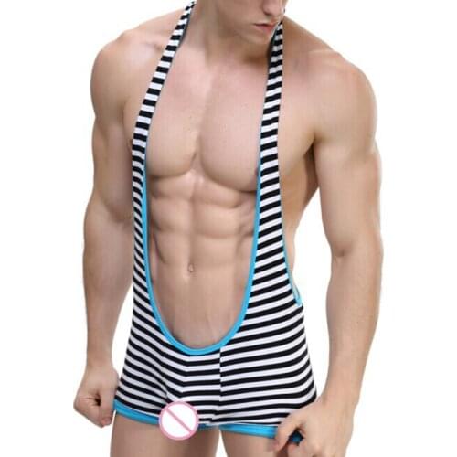 Strong Mens Sexy Suspender Striped Playsuit Mens Spandex Leotard Stretch Bodysuit Singlet Wrestling Underwear