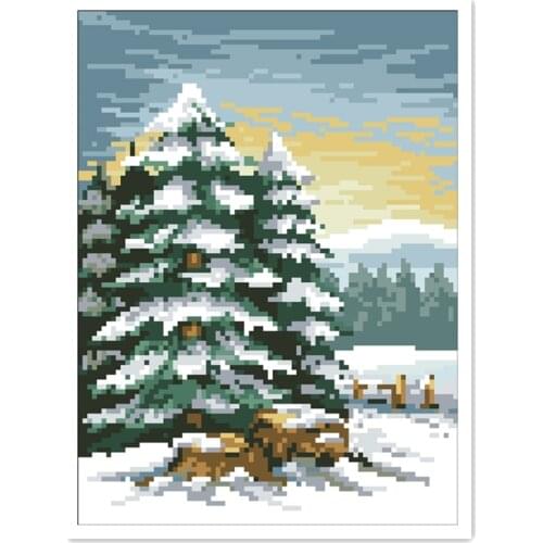 Winter sunset cross stitch kit forest snow winter 18ct 14ct 11ct white fabric cotton thread embroidery DIY handmade needlework