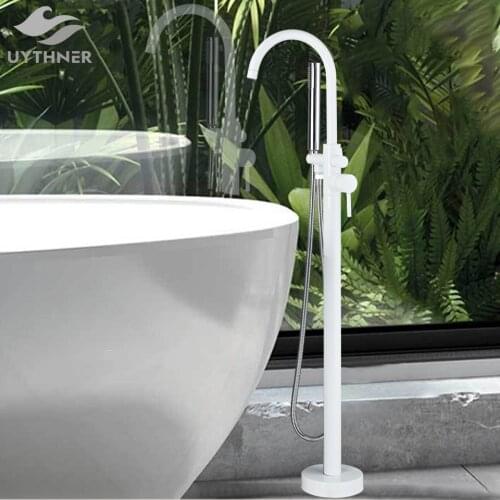 Uythner White/Black Bathtub Faucet Set Floor Standing Bath Mixer Tap Dual Handles Shower Bathtub Tap For Bathroom Faucets