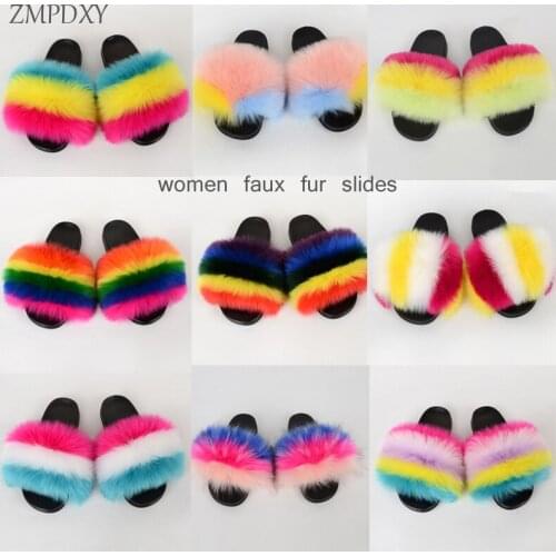 New Design EVA Fluffy Shoes Ladies Home Warm Slippers Faux Fox Fur Slide Plush Slipper Furry Fake Fur Sandals Women Shoes Vendor