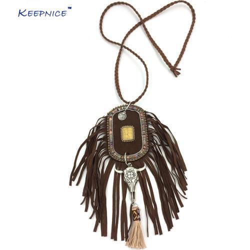New Boho Ethnic bohemian Tauren pendant necklace cotton Tassel charm leather long fringe Necklace stone bead pendant necklace
