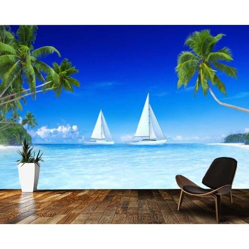 Papel de parede Coconut tree and sailboat on the sea natural landscape 3d wallpaper mural,living room bedroom home decoration