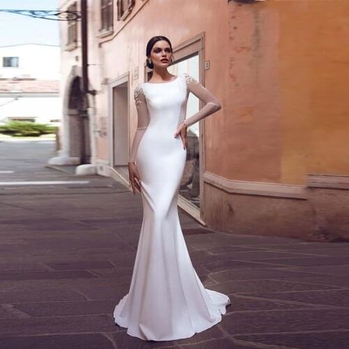 Amazing Mermaid Wedding Dresses Satin Long Sleeve Illusion Back with Appliques Vestidos De Novia