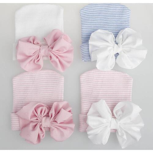 Newborn baby hat Toddler Baby Warm Hat Striped Caps Soft Hospital Girls Hats Bow Beanies for Newborn 0-3M Send Earring as gift
