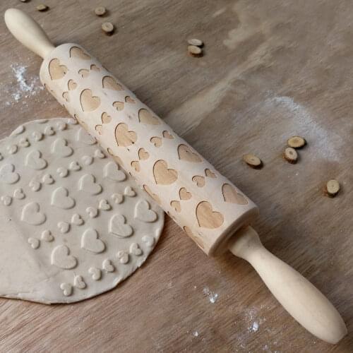 Valentines Day Embossing Rolling Pin Baking Cookies Biscuit Fondant Wooden Tool Cake DIY Heart Pattern Baking Rolling Pins