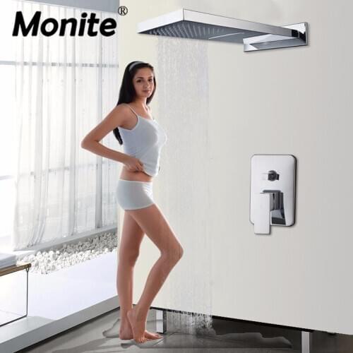 Monite Chrome Finish Modern Wall Mounted Shower Set Bathroom Shower Square Head Shower Concealed Mixer Shower Faucet
