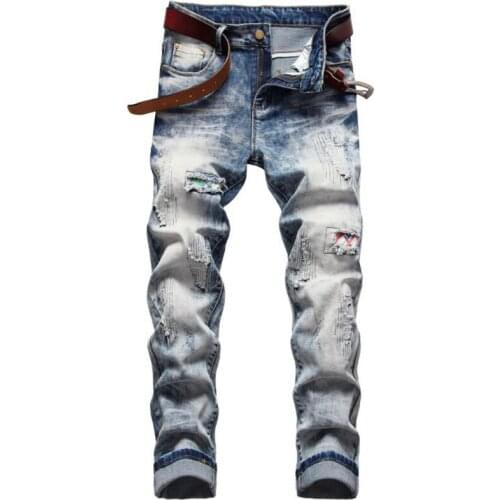 European American Style Fashion Men Jeans Light Blue Slim Fit Elastic Ripped Patch Jeans Spring Mens Casual Cotton Denim Pants