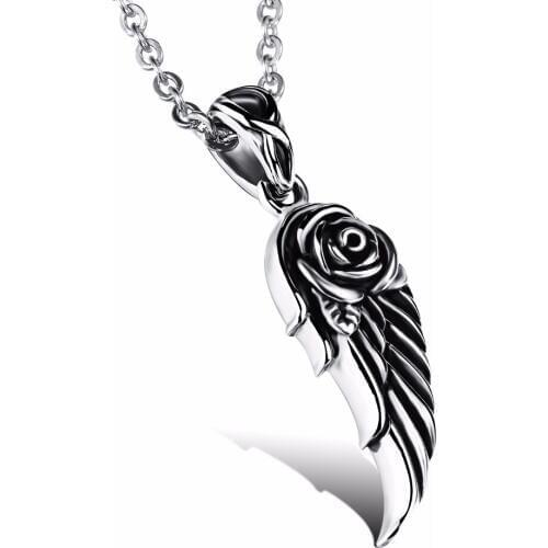 Stainless Steel Vintage Rose Angel Wing Pendant Tibetan Gothic Necklace Unisex Jewlery for Women Men Dropshiping