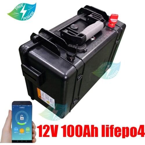 Waterproof 12V 100Ah Lifepo4 Battery with bluetooth BMS APP for 88lbs 105lbs Trolling Motor Solar System+10A Charger