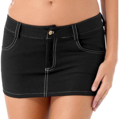 Sexy Womens Denim Skirts Casual Zipper Fly Denim Miniskirt with Pockets Ladies Rave Bar Clubwear Low Waist Jean Mini Skirt