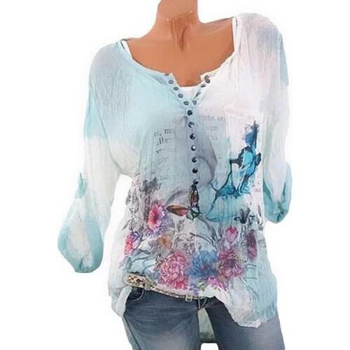 Summer Womens Long Sleeve Printed Shirt Round Neck Button Chiffon Shirt Loose Flower Fashion Casual Polyester Large Size Shirt