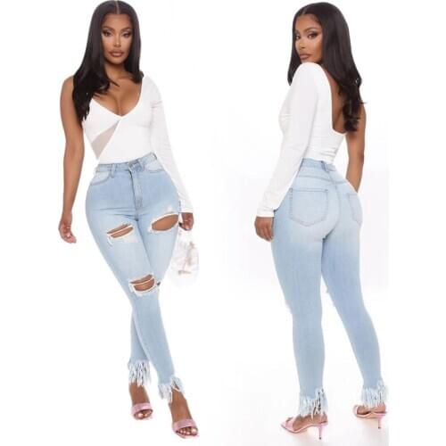 2020 womens jeans high waist jeans retro pencil jeans ripped high waist tassel bottom denim trousers fashion women washed pants