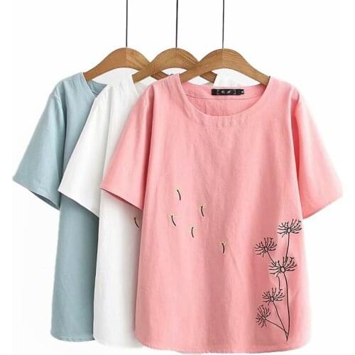 Plus Size XL-4XL Summer Tops Womens New Embroidery Wind Loose Tshirts White Blue Vintage Shirts