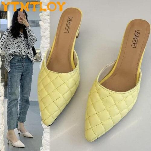 Baotou half slippers women 2021 new spring and autumn stiletto plaid all-match sandals