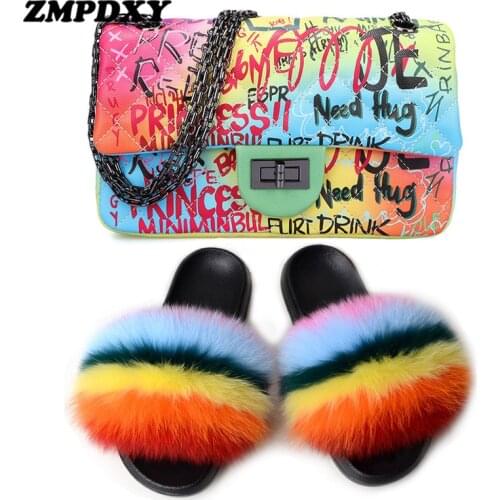 Women Rainbow Color Fluffy Real Fox Fur Slides Luxury Graffiti Shoulder Bags Cute Plush Furry Fur Slippers Fashion Purses Set