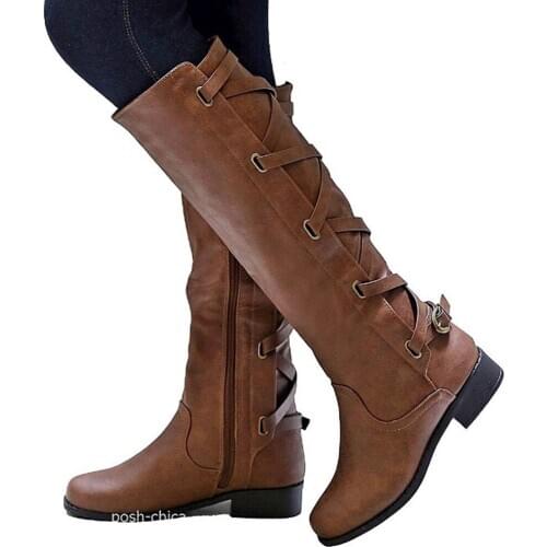 Women Knee Boots Thick Heels Zipper Lace Up Womens Buckle Shoes Woman Fashion Boot Punk Female Plus Size Drop Shipping