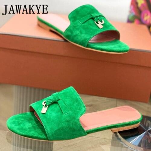 Hot Sale Round Open toe flat Slippers Women Candy colors Tassel pendant Designer Brand Shoes High Quality Real Suede Slippers