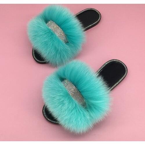Women Flip Flops Slippers Summer Rhinestones Crystal Slippers Female Fur Slides For Women Fluffy Slippers Furry Sandals Fashion