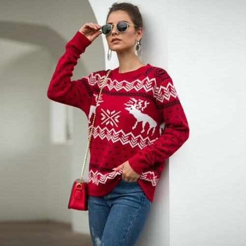 Ladies Christmas Snowflake Deer Jacquard Long-sleeved Pullover Womens Sweater Fashion Street All-match Tops Autumn Winter S-XL