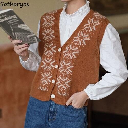 Tender Vintage Sweater Vests Women Jacquard Panelled Stylish Single Breasted V-neck Jumpers Ladies OL Simple Elegant Warm Cozy