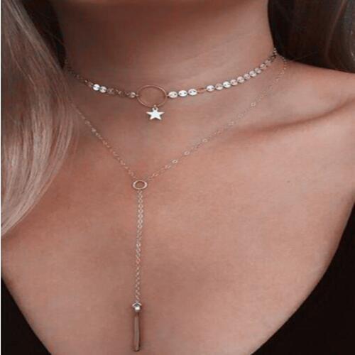 Women Long Tassel Star Choker Necklace & Pendants Minimalist Dainty Necklace gold color Jewelry Double Layer Necklace Bijoux