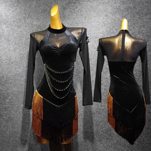 Latin Dance Dress Mesh Long Sleeve Dance Dress Fringe Skirt Practice Dress Salsa New Female Latin Dance Competition Dresses 1302