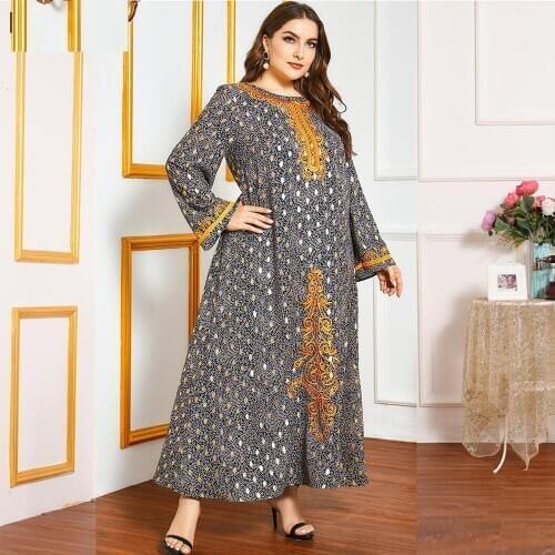 DOIB Women Print Emboridery Maxi Abya Dress Loose Casual Full Sleeve Elastic Waist Long Dress 2020 Autumn Plus Size Muslim Dress