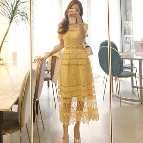 SHTONGHUA Runway Designer Summer Holiday Lace Midi Dress 2019 Women O neck Hollow Out Short Sleeve Party Dress