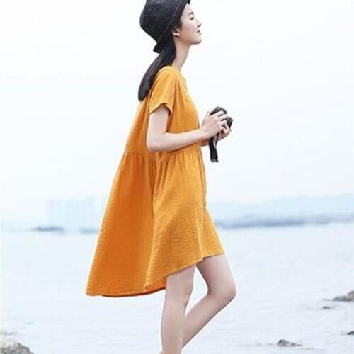 Summer Big Size S-5XL 6XL Loose Causal Long Dress 2020 Woman Solid O-neck Vintage Dress Cotton Linen Summer Female Dress Yellow